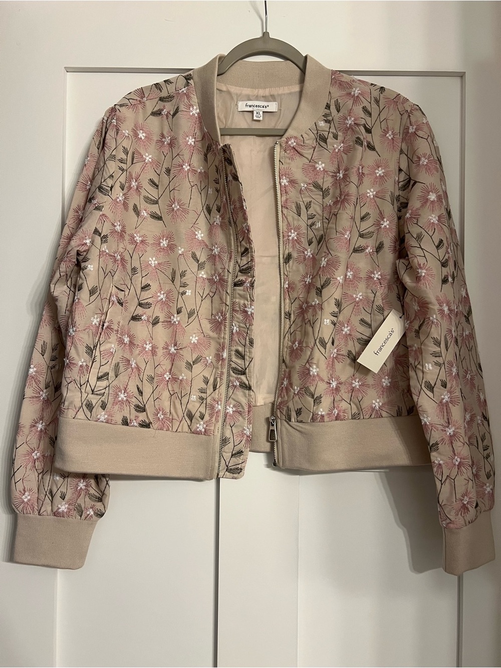 Francesca's Collections Pink Floral Quilted Bomber Jacket